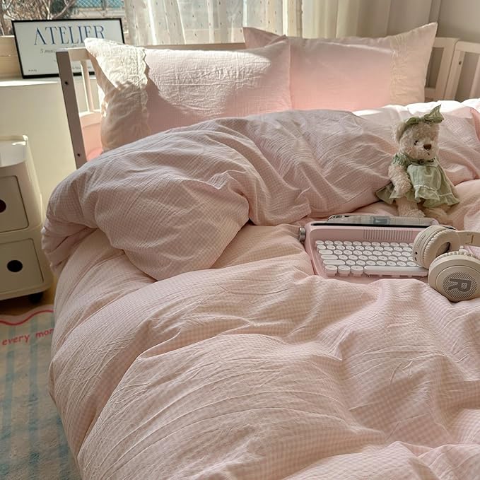LifeTB Pink Gingham Duvet Cover Twin Size 3 Pieces Romantic Lace Duvet Cover Pink Plaid Checkered Comforter Cover with 2 Pillowcases Soft Breathable Microfiber Grid Farmhouse Plaid Bedding Set