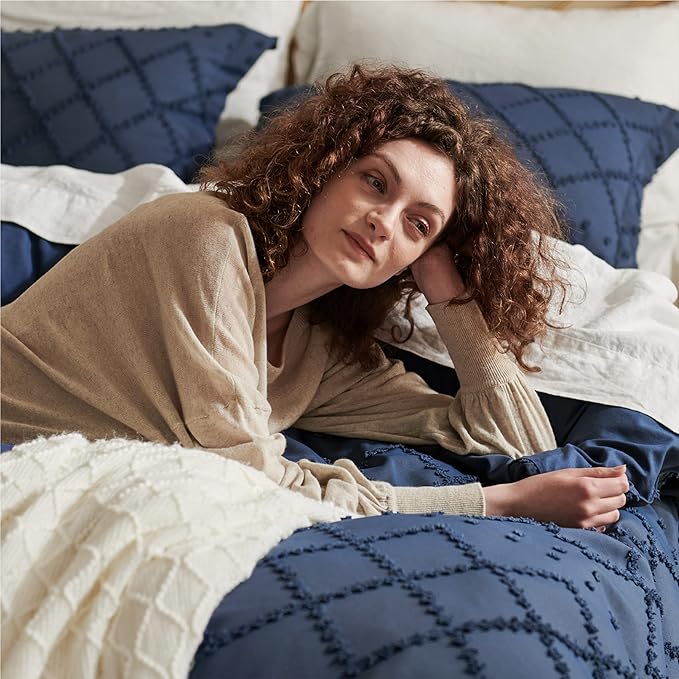 Bedsure Boho Twin Duvet Cover Size - Navy Breathable & Soft Boho Bedding, Machine Washable Comforter Cover for All Seasons, Includes 1 Duvet Cover 68"x90" with 1 Pillow Sham & Zipper Closure