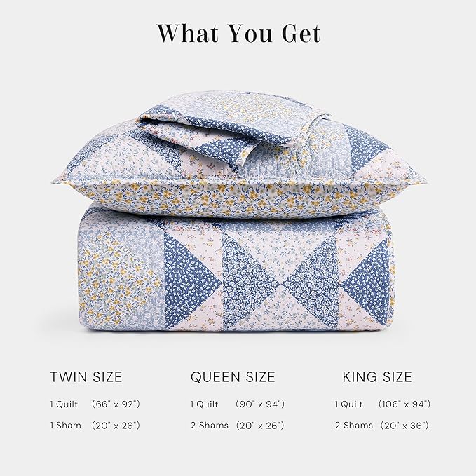 Quilt Set Twin Size, Patchwork Blue Marigold Floral Quilt Sets, Reversible Bedspread Lightweight and Breathable for All Seasons, Soft Quilted Bedspread with 1 Pillow Sham