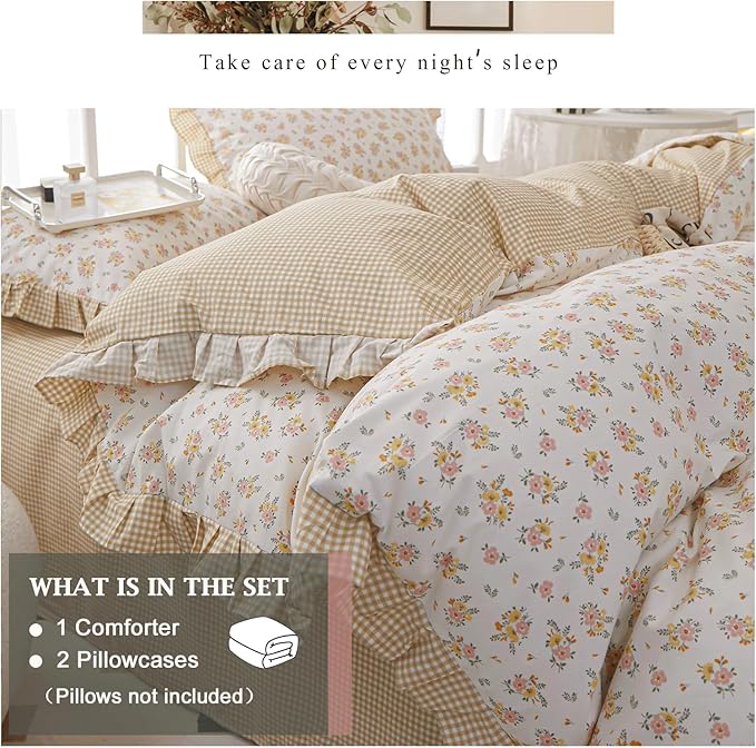 VM VOUGEMARKET Twin Comforter Set with Rose Flower Pattern,1 Ruffle Comforter and 2 Pillow Shams for Girls Women,Reversible Yellow Plaid Bedding Set(3pcs,Twin XL)