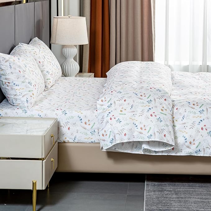 Bedlifes King Sheet Set Ultra Soft, Breathable, Silky Flower Deep Pocket 100% Microfiber Bedding, 4 Piece King Size White Floral