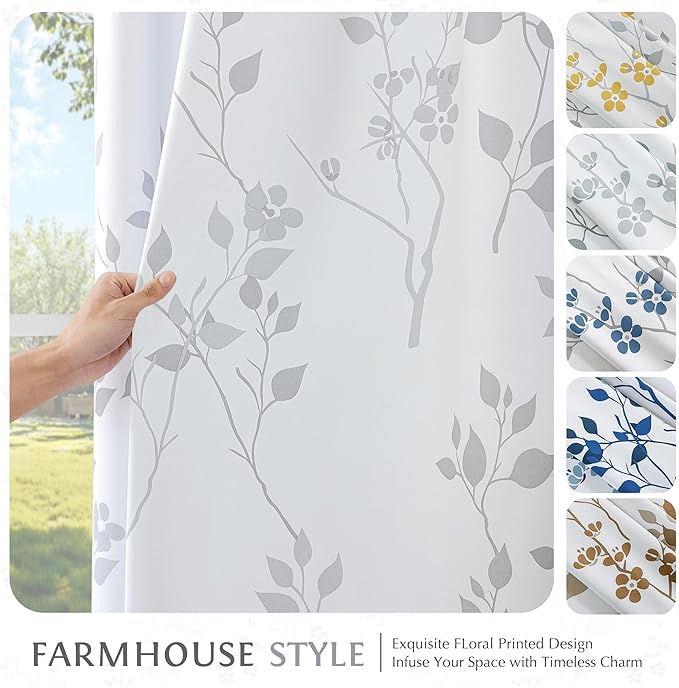 Beauoop Floral 100% Blackout Curtains 84 Inches Long 2 Panels for Bedroom Living Room Grey White Flower Patterned Room Darkening Thermal Insulated Soundproof Rod Pocket Back Tab Window Drapes, 52X84