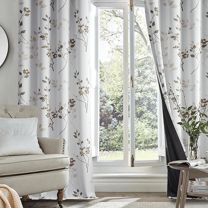 Beauoop Floral 100% Blackout Curtains 54 Inch Length 2 Panels for Bedroom Living Room Tan Brown and White Flower Patterned Room Darkening Thermal Soundproof Grommet Window Treatments Drapes, 52X54