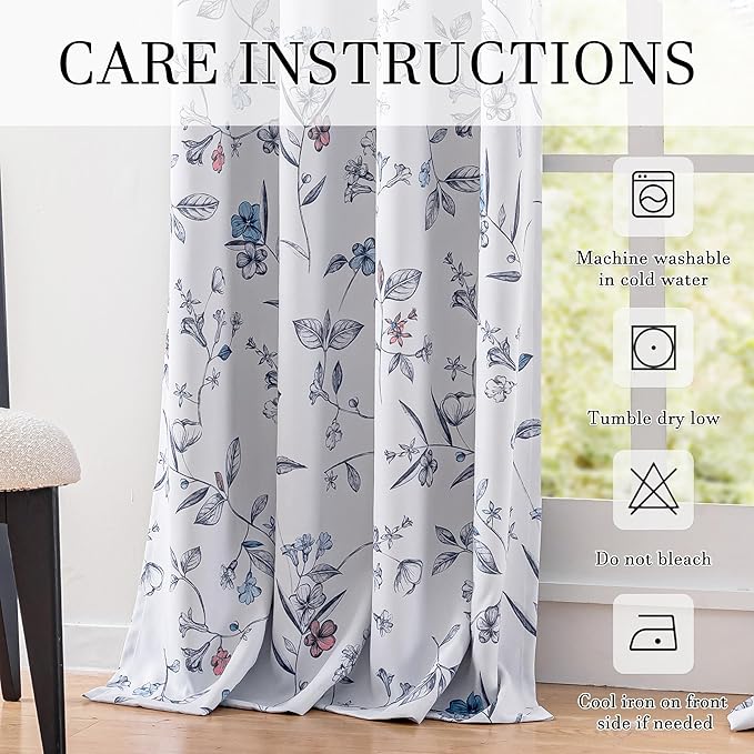 ChrisDowa 100% Blackout Floral Curtains 108 Inches Long 2 Panels for Bedroom Living Room Navy Blue Flower Patterned Room Darkening Thermal Insulated Soundproof Grommet Window Treatments Drapes,52X108
