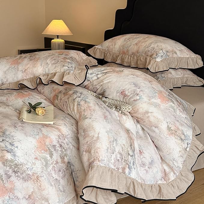 VM VOUGEMARKET Muslin Cotton Duvet Cover Set King Shabby Pink Flower Duvet Cover with Ruffles Soft Linen Like Gauze Comforter Cover with Zip Closure and Corner Ties- 104"x90"