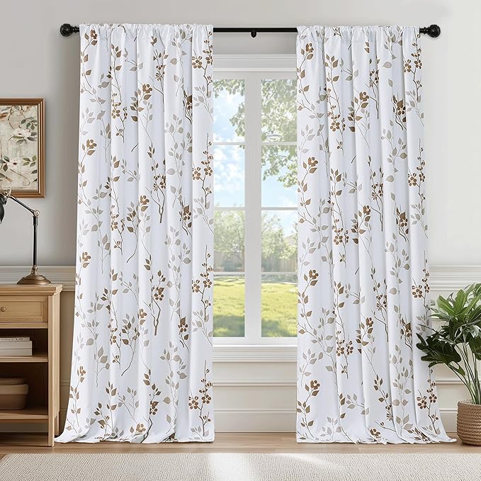 Beauoop Floral 100% Blackout Curtains 84 Inches Long 2 Panels for Bedroom Living Room Tan Brown and White Flower Patterned Room Darkening Thermal Soundproof Rod Pocket Back Tab Window Drapes, 52X84