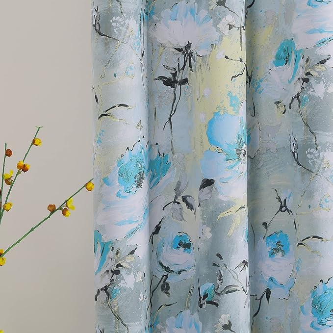MYSKY HOME Blackout Curtains - 72 Inch Long Blue & Teal Grommet Curtains for Living Room - Room Darkening, Farmhouse Style with Flower Leaves Print