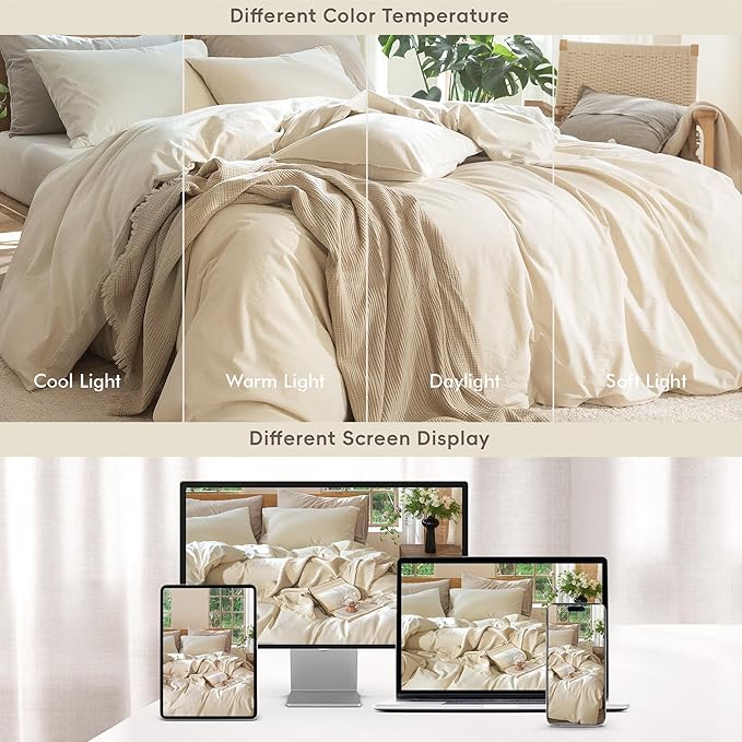 MooMee Bedding Duvet Cover Set 100% Washed Cotton Linen Like Textured Breathable Durable Soft Comfy (Heathered Almond Milk Grey, Oversized King Plus 128"x120")