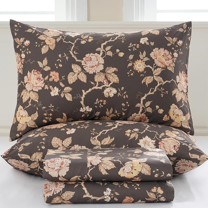 Zusbest Dark Brown Floral Bed Sheets Set - Queen Size Percale Cotton Shabby Rustic Peony Flower Print Bed Sheets - Soft Breathable Mocha Classic Vintage Bedding 4 Pcs Deep Pocket Flower Bed Sheets