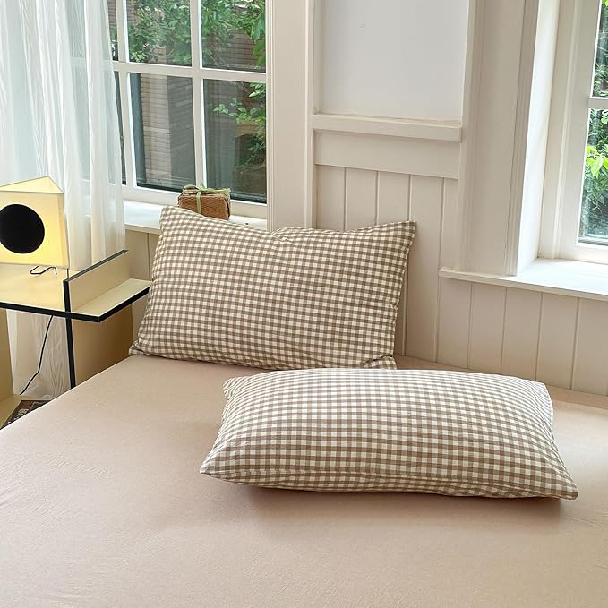 LifeTB Tan Gingham Comforter Set California King 3 Pieces Modern Plaid Comforter Set Beige Grid Comforter with 2 Pillowcases Soft Fluffy Checkered Grid Pattern Gingham Bedding Set for All Seasons