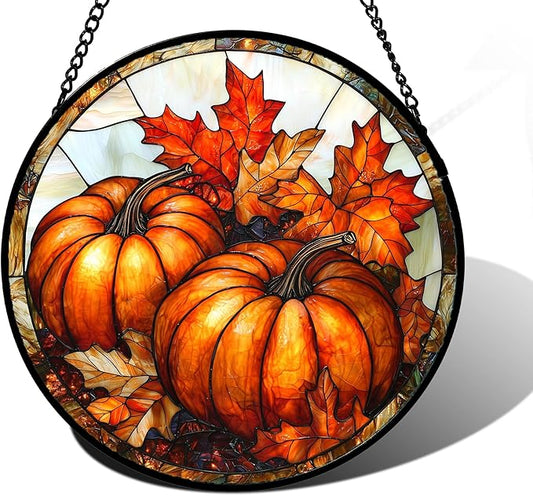 Stained Glass Window Hanging, Pumpkin Maple Leaf Suncatcher for Doors Home Sun Catchers Decoration and Christmas, Mother's Day Birthday Gifts for Women, Men, and Mom 11.8x11.8 in