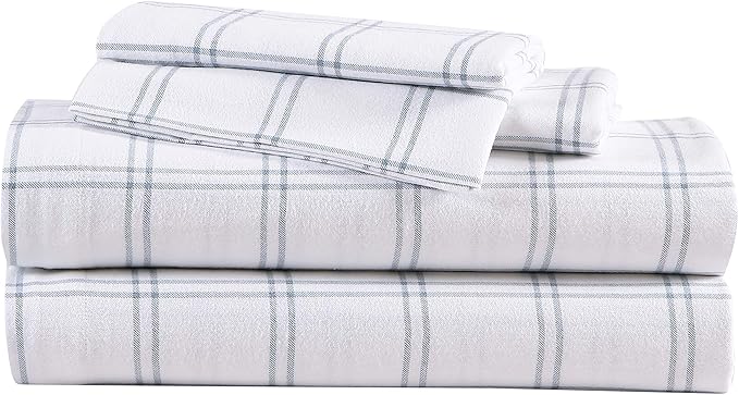 Eddie Bauer - Flannel Sheets King Size, Anti-Pilling & Wrinkle Resistant Cotton, Touchably Soft for All-Season Comfort - Bed Sheets with Matching Pillowcases & Fitted Sheet (Westridge Plaid Blue)