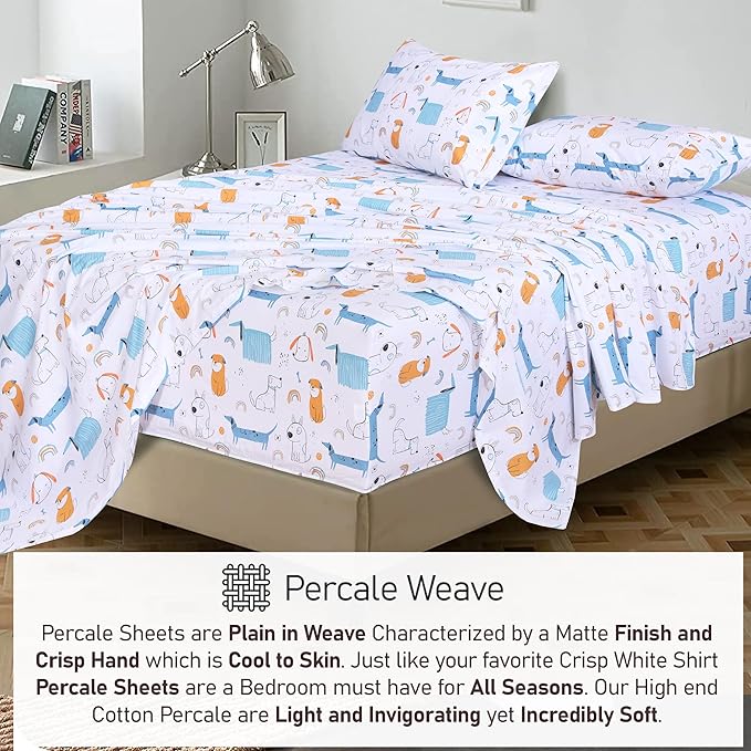 RUVANTI 100% Cotton Twin Sheets Set, 3 Pieces, Soft & Breathable Percale Weave Bedding, Deep Pocket 16", Hotel Standard, Crisp Cool Feel, Durable, Perfect Floral Bed Sheet, Puppy Me