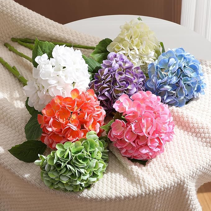 4Pcs Hydrangea Artificial Flowers, 22.44" Real Touch Latex Faux Hydrangea with Long Stems & Leaves for Home Office Decor or Wedding, Party, Centerpieces, Floral Arrangements (White&Blue)