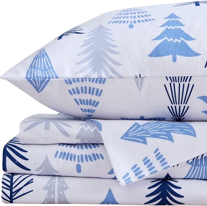 Market & Place 100% Turkish Cotton Flannel Sheet Set | 3 Piece Deep Pocket Novelty Cozy Winter Bed Sheets | Double Brushed for Extra Softness & Comfort | Alpine Collection (Twin, Blue Forest)