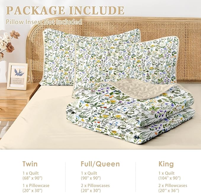 Quilt Set King Size, Garden Floral 3 Pcs Soft Bed Cover Bedding Set, Country Rustic Farmhouse Lightweight Bedspread Coverlet with 2 Pillow Sham for All Season