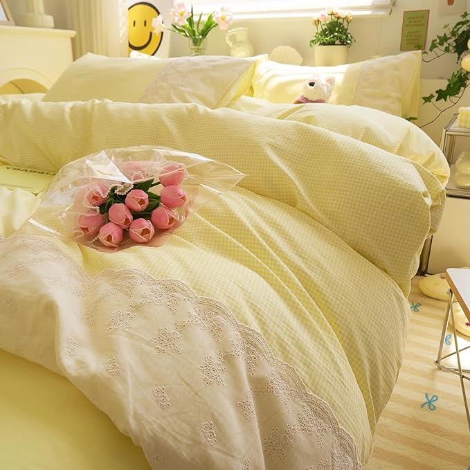 LifeTB Yellow Gingham Duvet Cover Full 3 Pieces Romantic Lace Comforter Cover Soft Microfiber Cream Yellow Grid Duvet Cover Farmhouse Plaid Checkered Comforter Cover Grid Gingham Bedding Set