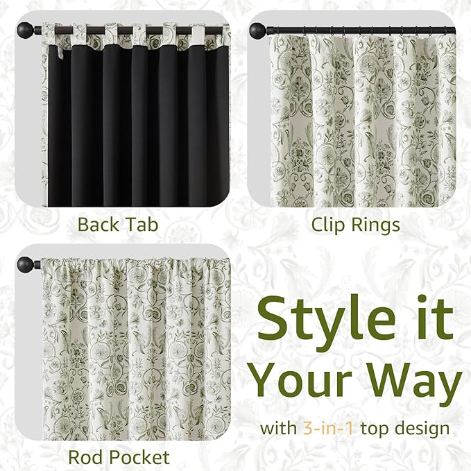 jinchan Floral Blackout Curtains for Bedroom Living Room 63 Inch Length Farmhouse Curtains Room Darkening Vintage Short Drapes Traditional Rod Pocket Window Treatment 2 Panels Set Sage Green on Beige