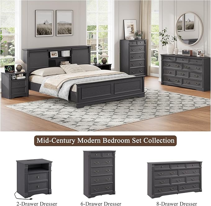 Grey Nightstand with Charging Station, Farmhouse Bedside Table, End Table with 2 Drawers and Chic Wood Pilasters Design, Wood Side Table with Metal Handles for Bedroom, Living Room