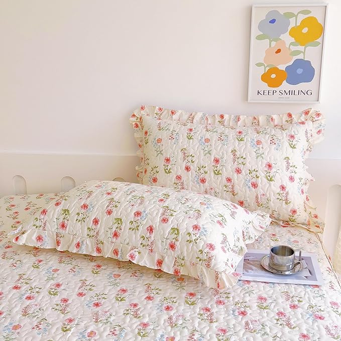 EAVD French Garden Pink Flower Duvet Cover Twin with Ruffles Soft Cotton Shabby Chic Cute Flower Bedding Set for Girls Boys with 2 Pillowcases Aesthetic Botanical Duvet Cover with Zipper Closure