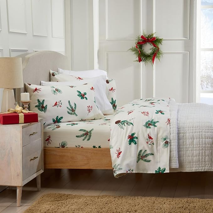 Market & Place 100% Cotton Twin Flannel Sheet Set | 3 Piece Deep Pocket Novelty Cozy Winter Bed Sheets | Double Brushed for Extra Softness & Comfort | Alpine Collection (Twin, Cardinal & Pine)