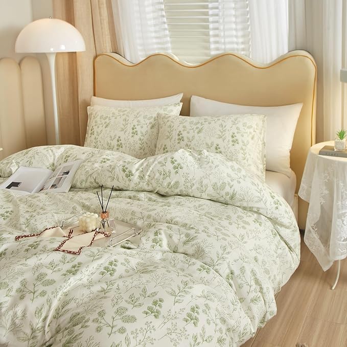 Garden Style Green Floral Comforter Set King Fluffy Soft Microfiber Boho Floral Bedding Comforter King Vintage Flower Leaves Botanical Comforter for All Seasons Cottagecore Bedding Comforter Set