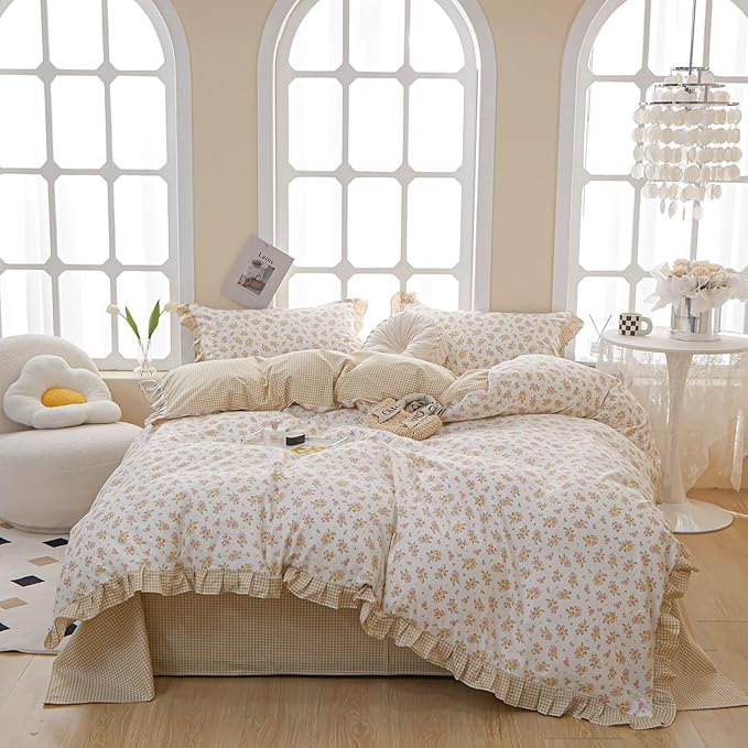 EAVD Girls Floral Duvet Cover Twin White Soft 100% Cotton Chic Garden Yellow Pink Floral Bedding Set with 2 Pillowcases Vintage Style Ruffle Floral Comforter Cover with Zipper