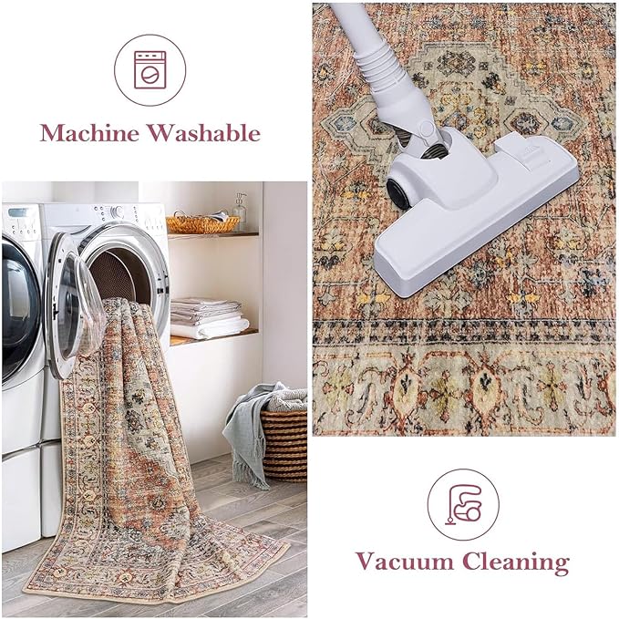 Lahome Oriental Washable Rugs 5x7, Soft 5x7 Rug for Bedroom Living Room, Ultra-Thin Non Slip Stain Resistant Vintage Throw Carpet for ‎Dining Room Office, Peach/Orange