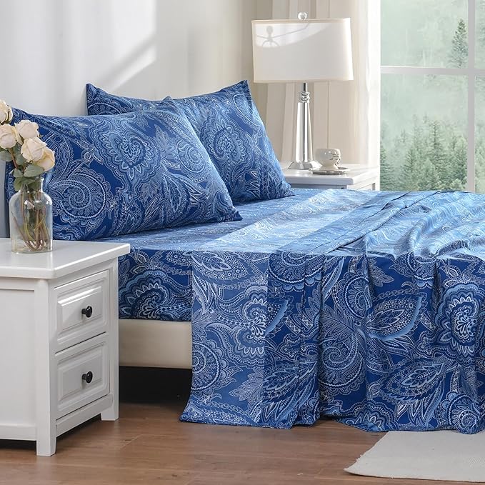 Bedlifes King Sheet Set Ultra Soft, Breathable, Silky Flower Deep Pocket 100% Microfiber Bedding, 4 Piece King Size Paisley Dark Navy Blue
