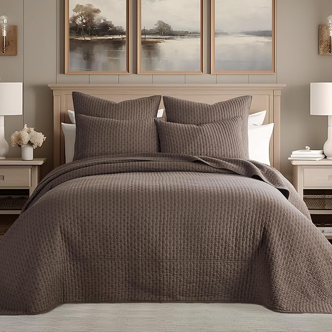 Levtex Home Cross Stitch Reversible Twin Bedspread Set (84x104in) with 1 Pillow Sham (26x20in) - Stitch Texture - Cocoa - Cotton Twin Size Bedspread Set - Lightweight, Soft, Pre-Washed