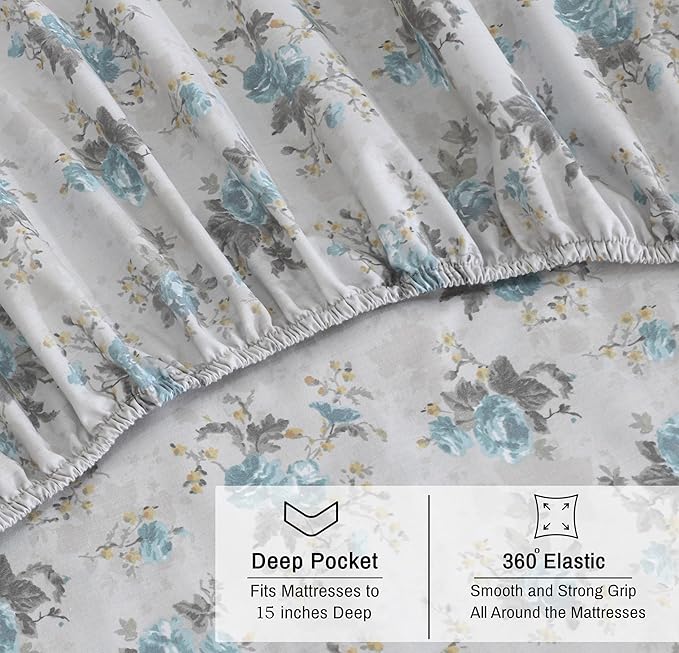 RUVANTI 100% Organic Cotton Sheets King Size, Percale Weave, GOTS Certified, 4-Piece Set, Deep Pocket 15", Crisp & Breathable, Soft Durable Bedding, Sábanas Algodón Orgánico – Blue Rose
