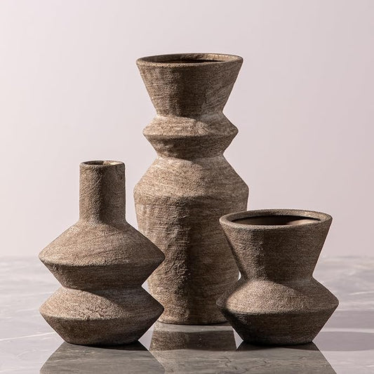 Ceramic Vase Home Table Decor - Brown Flower Vase Set of 3 Living Room Kitchen Decorations Farmhouse Modern Rustic Vases Decorative Centerpiece for Shelf Bedroom Office Bathroom Dining Coffee Desk