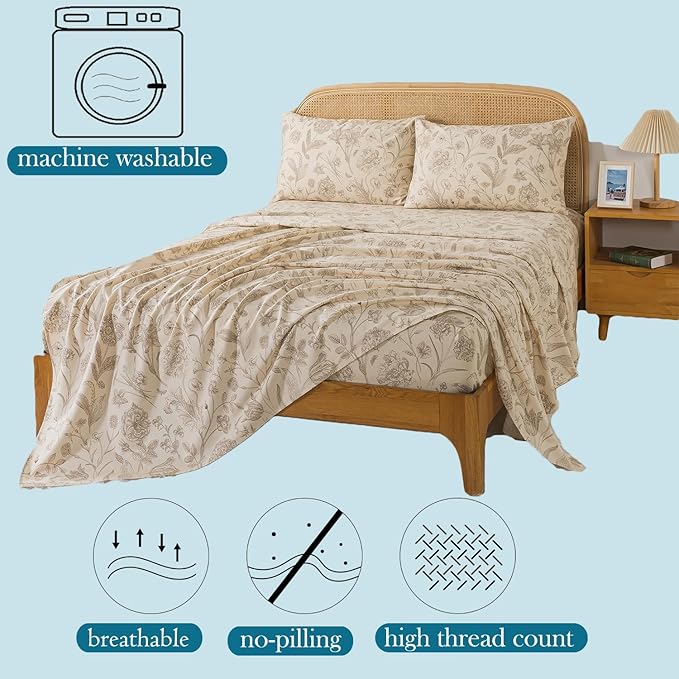 Zusbest Full Size Sheets 100% Percale Cotton Beige Floral Bed Sheet, Brushed for Extra Softness, Breathable Luxury Toile Flannel Sheets Like Khaki Flower Print Deep Pocket Bed Set 17.5'' 4 Pcs