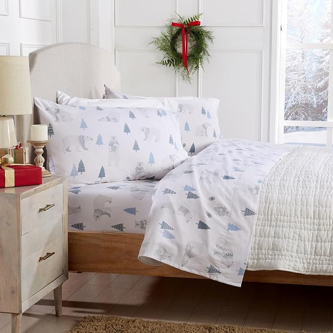 Market & Place 100% Turkish Cotton Flannel Sheet Set | 4 Piece Deep Pocket Novelty Cozy Winter Bed Sheets | Double Brushed for Extra Softness & Comfort | Alpine Collection (King, Polar Bears)