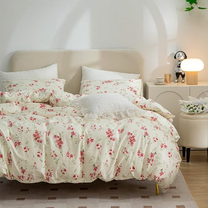 Floral Comforter Set Full Soft Bedding Set 3 Pieces Garden Style Red Flower Print Botanical Flowers Comforter for All Seasons 1 Comforter and 2 Pillowcases (Floral, Full)