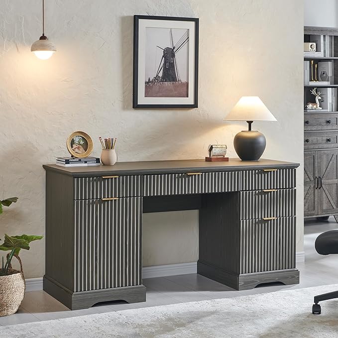 JXQTLINGMU 58" Modern Executive Desk with Storage, Wood Home Office Desk with Drawer & Cabinet, Fluted Computer Writing Desk for Study, Living Room, Bedroom, Grayish Green
