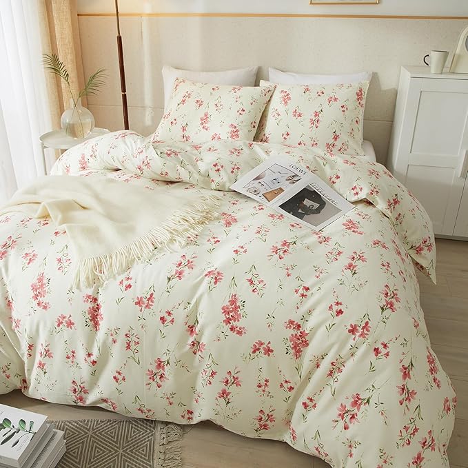 VM VOUGEMARKET Pink Floral Comforter Set Twin XL Cream Bedding Comforter for Teen Girls Women All Season Garden Flower Comforter Set