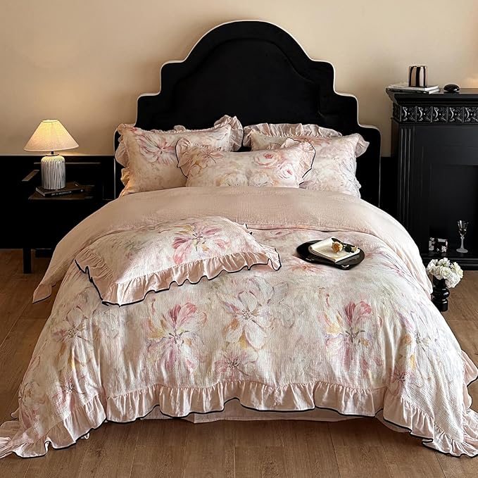 HighBuy Pink Floral Pure Linen Duvet Cover Set Twin,Ruffle Comforter Cover Chic Cottagecore Yarn-Dyed Breathable for Teen Girls,3 Piece Farmhouse Bedding Set(1 Duvet Cover,2 Pillowcases)