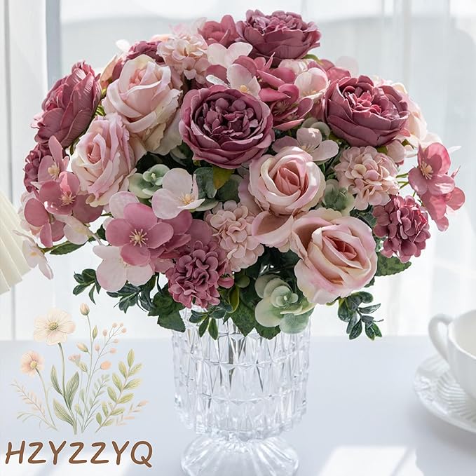 4 Pack Artificial Peony Flowers, Silk Peonies Flowers Fake Peonies Artificial Flowers Peonies Hydrangea Bouquet for Centerpiece Table Wedding Party Home Decor(Rose + Pink)