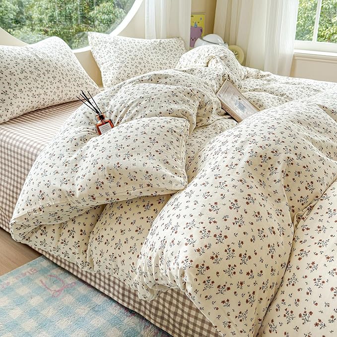 EAVD Garden Style Small Floral Duvet Cover King Size Soft 100% Cotton Muslin Bedding Set with Floral Print Fresh Cottagecore Botanical Pattern Duvet Cover with Zipper Closure