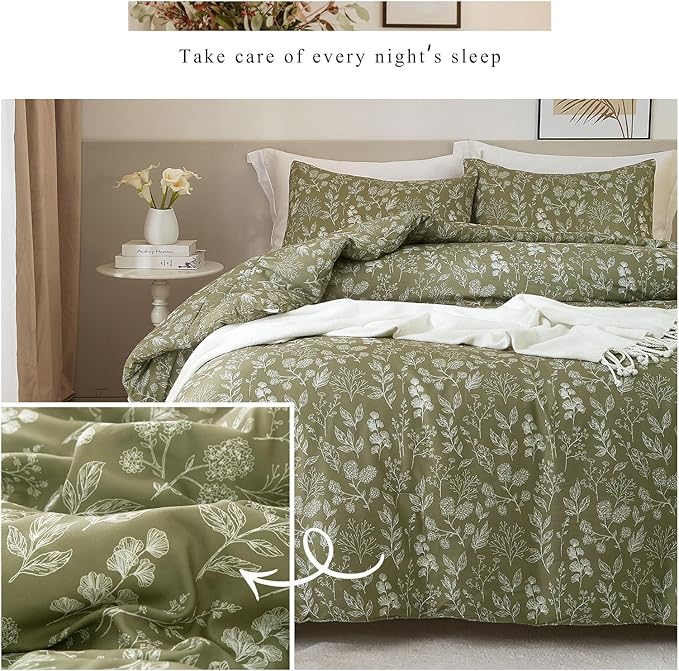 EAVD Fresh Garden Green Floral Duvet Cover King Soft Cotton Chic Shabby Small Cute Floral Botanical Bedding Set with 2 Pillowcases Reversible Green Floral Comforter Cover with Zipper Closure