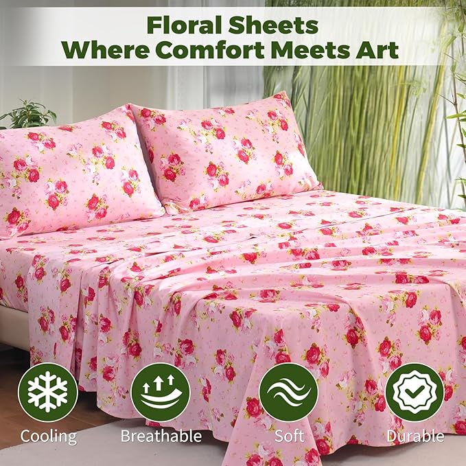 Bedlifes Twin Floral 3-Piece Sheet Set - Cooling Sheets Blend Rayon Derived from Bamboo,Soft & Breathable, Deep Pocket 16", Wrinkle Resistant - Vibrant Boho Floral in Rose Pink