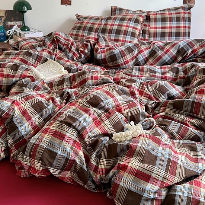 LifeTB Vintage Buffalo Plaid Comforter Set Twin XL, 3 Pieces Red Brown Grid Checkered Comforter with 2 Pillowcases, Breathable Soft Farmhouse Grid Pattern Printed Plaid Gingham Bedding Comforter Set