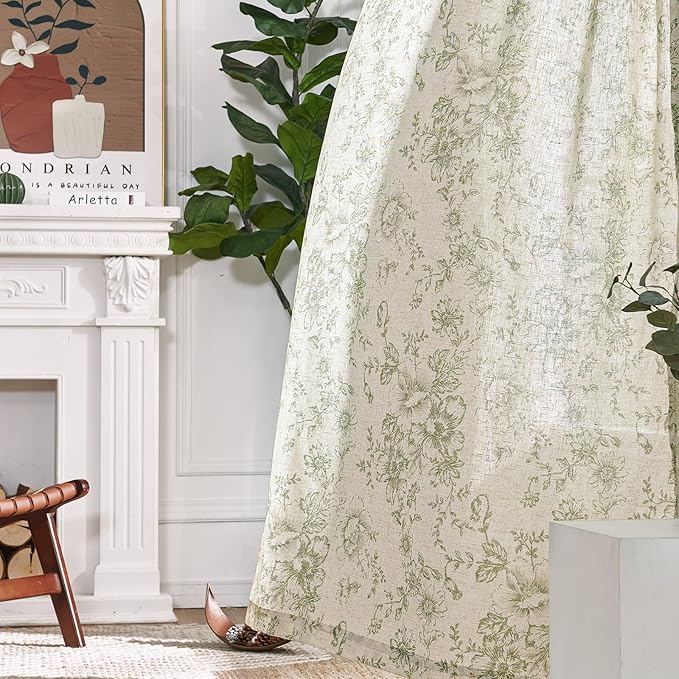 jinachan Linen Blend Floral Curtains for Living Room 63 Inch Length Christmas Sage Green Printed Curtain Rod Pocket Back Tab Farmhouse Peony Flower Patterned Drapes Bedroom Curtains Set 2 Panels