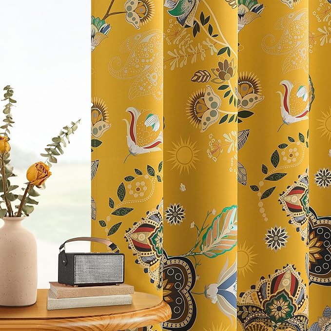 XiDi Mustard Yellow Patterned Blackout Curtains 84 Inches Long Vintage Floral Curtains for Bedroom Living Room 2 Panels Thermal Insulated Grommet Top Luxury Mid Century Colorful Drapes 52x84