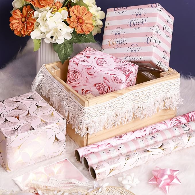 MAYPLUSS Wrapping Paper Set - Mini Roll with Bow & Ribbon & Gift Tags & Stickers - 17 inch X 120 inch Per roll - Pink Design (42.3 sq.ft.TTL)