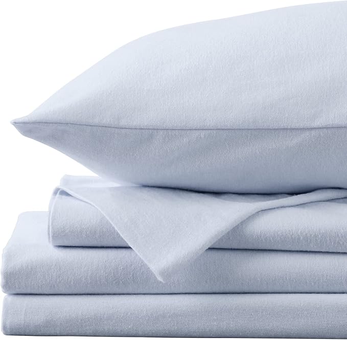 Market & Place 100% Turkish Cotton Flannel Sheet Set | 4 Piece Deep Pocket Solid Cozy Winter Bed Sheets | Double Brushed for Extra Softness & Comfort | Chalet Collection (Queen, Light Blue)