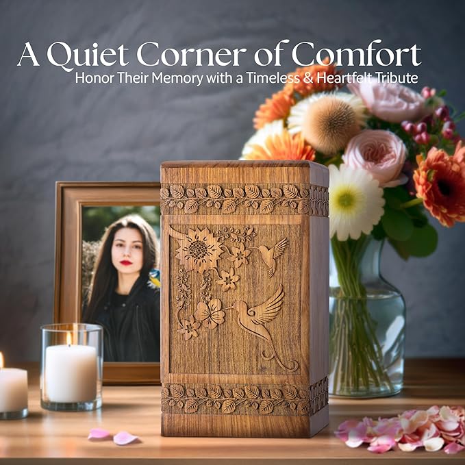INTAJ Handcarved Rosewood Hummingbird Oversized Urn for Human Ashes - 640 lbs Companion Capacity - Wooden Cremation Urn Box for Burial Funeral Decorative Memorial Casket Floral Carving