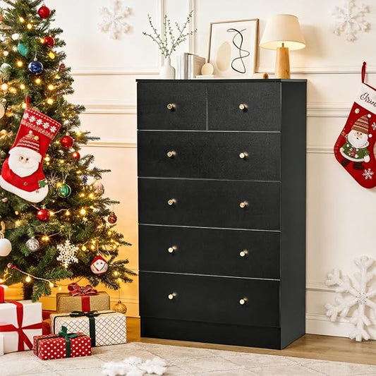Karl home Black 6 Drawer Dresser for Bedroom, Tall Dresser Chest of Drawers, Wood Bedroom Dressers Clothes Organizer, Anti-Tipping Device, Rose Gold Metal Handle, Living Room, Entryway, Office
