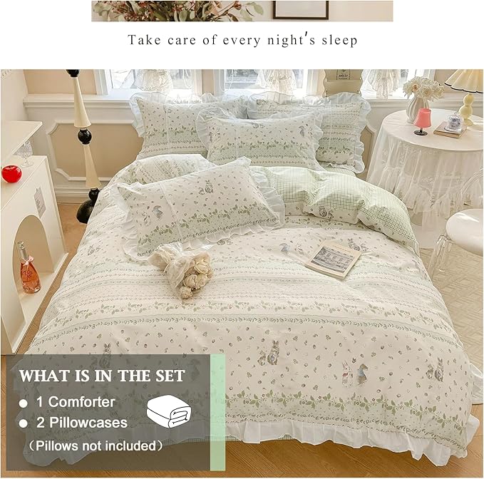 VM VOUGEMARKET Kids Comforter Set Full Size Cute Rabbit Down Comforter with Flower Leaves Pattern Reverisble Ruffle Lace Bedding Set for Teen Girls(Green,Full)